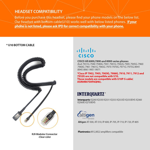 IPD IPH-255 Phone Headset with Noise cancelling Microphone for Office and Call center -Compatible with Cisco landline phones -7800/7900/8800/6945 ...