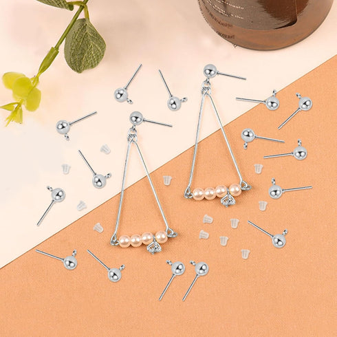 200Pcs Earring Studs for Jewelry Making, Hypoallergenic Ball Post Earring Studs Earring Findings Earring Posts with Loop with 200Pcs Silicone Clea...