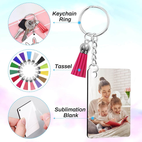 Modacraft 120Pcs Sublimation Keychain Blanks Bulk Set with Rectangle Sublimation Blanks Tassels Keychain Rings & Jump Rings for DIY Keychain Craft...