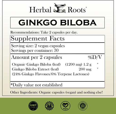 Herbal Roots Ginkgo Biloba Made with Pure Organic Ginkgo Leaf - 1,400mg per Serving, 60 Vegan Capsules...