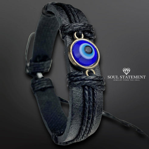 Evil Eye Bracelets for Men, Nazar Charms on a Handmade Black Leather Adjustable Wrap, Hamsa Hand Jewelry…...