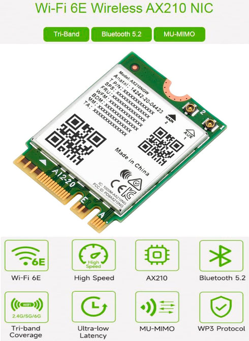 Wireless AX210 NIC, Gigabit Tri-Band Wi-Fi 6E, 802.11AX Standard, Bluetooth 5.2, AX210 NGW Wifi Card, MU-MIMO NGFF (M.2 A/E Key) Interface,Support...