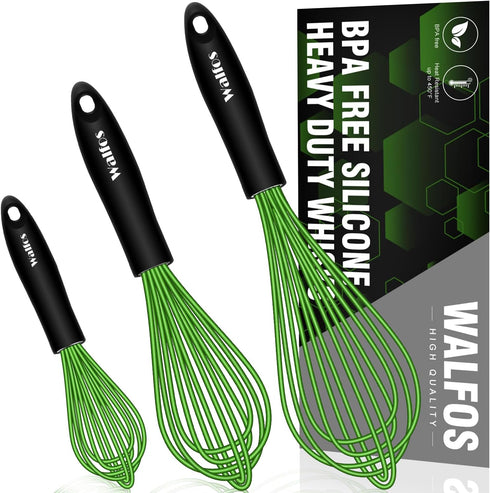 Walfos Silicone Whisk, Rubber Whisks for Cooking, Baking (11,9,8.5 inch) - Heat Resistant Kitchen Whisks for Non-stick Cookware, Balloon Egg Beate...