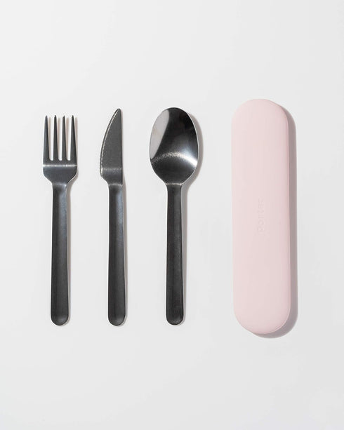 W&P Porter Stainless Steel Utensils with Silicone Carrying Case | Blush | Spoon, Fork & Knife for Meals on the Go | Portable and Compact Set...