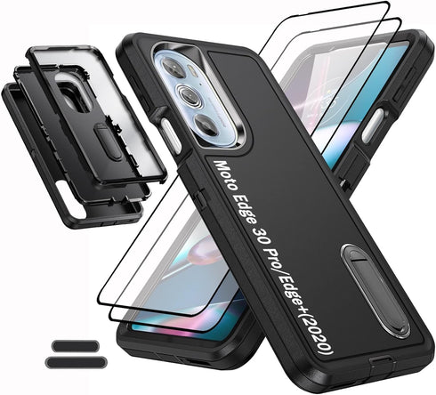 Case for Moto Edge 30 Pro/Edge+(2020) 6.7 Inch, Full Body Protection Heavy Duty Shock Absorbing 3 in 1 Silicone Rubber Built-in Stand with 2 Tempe...