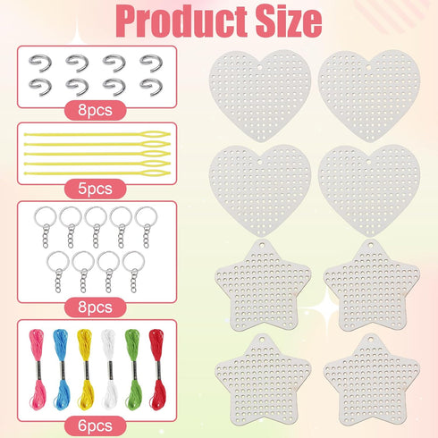 GLOBLELAND 8 Pcs Wooden Cross Stitch Kits Love Star Wood Cross Stitching Keyrings Wood Sewing Kit Plastic Needle Embroidery Kit for Beginners...