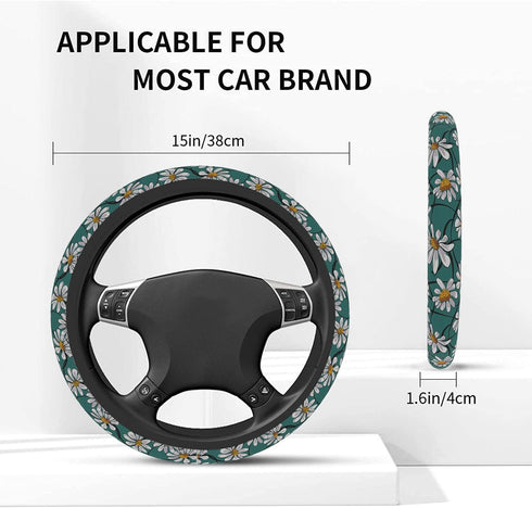 Hippie Flower Daisy Steering Wheel Cover for Women Men Anti-Slip Breathable and Sweat Absorption Universal 15 Inch Cute Steering Wheel Protector D...