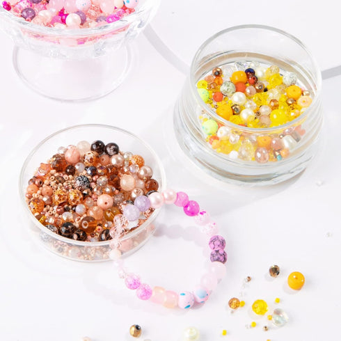 Keip Taoun Pink Glass Beads for Jewelry Making, Bracelet Beads Set for Girls, 1000pcs Including 8mm Assorted Round Beads, 6mm Bicone Crystal Beads...