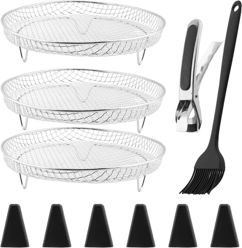 3 Pcs Air Fryer Racks,Air Fryer Three Layer Mesh Set,Heightening Feet Air Fryer Rack,with Oil Brush and Clip Stainless Steel Stack able for Air Fr...