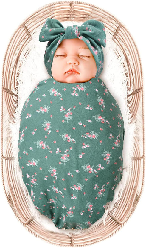 Baby Girl Newborn Swaddle Blanket Receiving Blanket with Headband Set Floral Nursery Swaddle Wrap(green)...