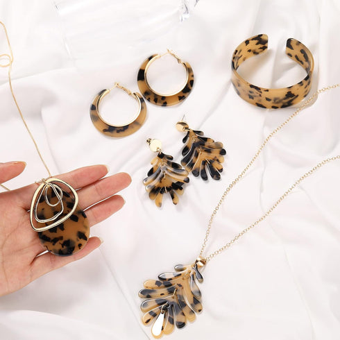 Fiada 5 Pcs Acrylic Leopard Jewelry for Women Resin Boho Earrings Necklace Cheetah Bohemian Jewelry for Woman Girls...