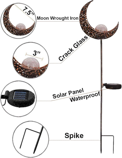 Garden Solar Light Outdoor Decorative, Moon Crackle Glass Globe Stake Metal Lights?Waterproof Warm White LED for Pathway, Lawn, Patio, Yard...