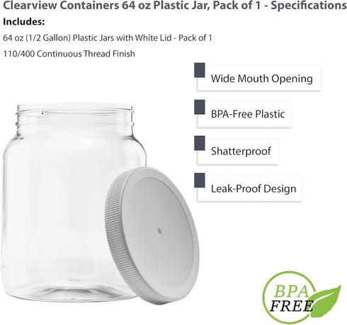 Plastic Storage Jars with Leak Proof Lids, BPA Free, Hand Wash Only (64oz, 1PK White)...
