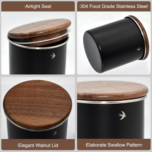 Food Storage Jar Canister with Airtight Walnut Wood Lid Elegant Design Stainless Steel Canister for Tea Coffee Sugar Spice Nuts Snacks Seasonings ...