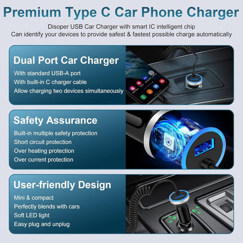3.4A Car Charger Fast Charging for Google Pixel 8a/8 Pro/8/6 Pro/7 Pro/6a/7/7a,Samsung Car Charger + 3FT Coiled USB C Cable for Samsung Galaxy A55...