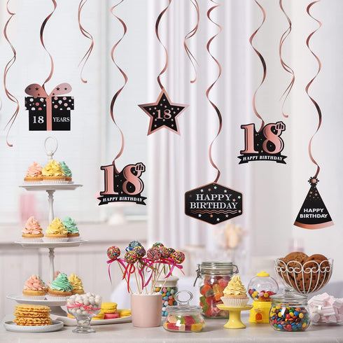 LINGTEER Happy 18th Birthday Decorations - 12 Pcs Birthday Black & Rose Gold Foil Swirls Streamer Set,Cheers to Eighteen Years Old Bday Party Gift...