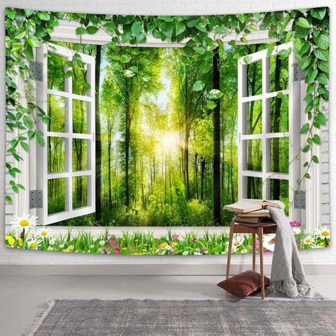 Forest Nature Landscape Tapestry, Summer Lush Plant Tree Window Wall Art Tapestries, Flower Sunflower Vine Tapestry Wall Hanging for Bedroom Livin...