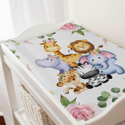 Jungle Safari Animals Tropical Leaves Flowers Changing Pad Cover Lion Elephant Zebra Giraffe Hippo Change Table Covers for Boys Girls Soft Stretch...