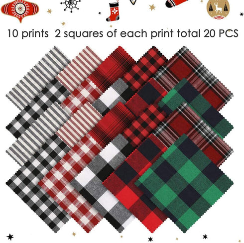 Caydo 20 Pieces Christmas Fabric Squares, 5.9 Inch Christmas Charm Packs 10 Patterns Polyester Cotton Plaid Fabric Squares for Garlands, Christmas...