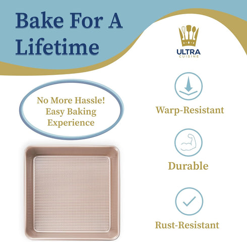 Ultra Cuisine Nonstick Square Cake Pan, Even Baking and Roasting, Easy to Clean, Durable Quality, Warp & Scratch Resistant Texture for Easy Releas...