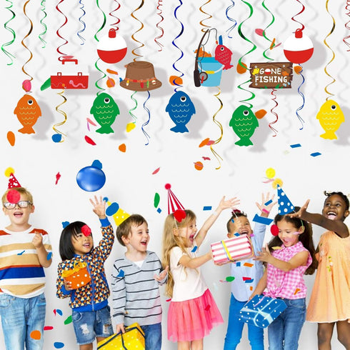 30CT Gone Fishing Party Decorations Fishing Banner Fish Hanging Swirl Ceiling Streamers Little Fisherman The Big One Baby Shower Photo Props Fishi...