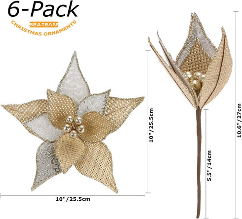 Sea Team 6-Pack Artificial Glitter Poinsettia, Flower Sticks, Christmas Flower Ornaments, Floral Stems, Picks, Branches, Xmas Tree Decorations for...