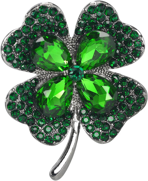 Gyn&Joy Gun Metal Tone Antique Inspired Emerald Green Crystal Rhinestones Four Leaf Clover Brooch Pin...