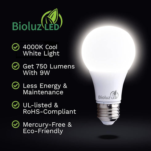 Bioluz LED 60 Watt LED Light Bulbs 4000K Cool White 9 Watts = 60W Non-Dimmable A19 LED Light Bulbs 6 Pack...