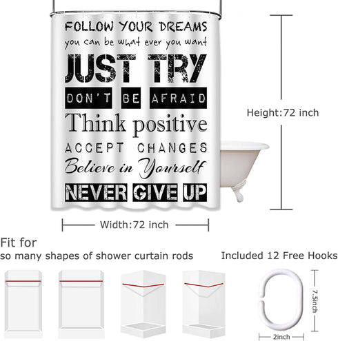 Emvency Black Positive Shower Curtain Quotes Inspirational Motivational Teen Follow Your Dreams Just Try Never Give Up Kids Boys Affirmation Water...