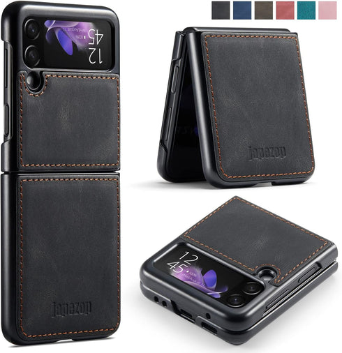 Samsung Galaxy Z Flip 3 5G Case,Galaxy Z Flip 3 Leather Phone Case with Hard Shockproof Back Cover Slim Durable, for Galaxy Z Flip 3 5G 2021 (Blac...