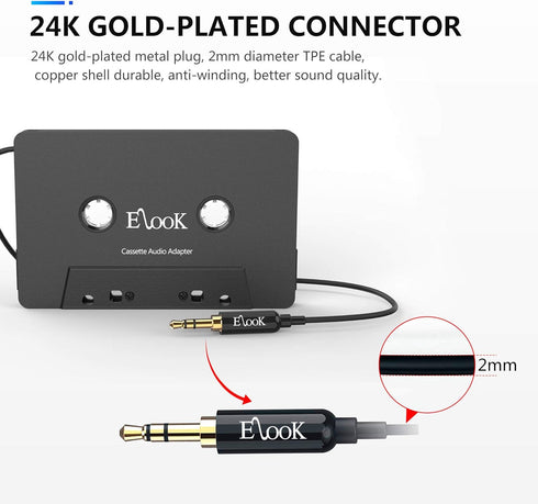 Elook Car Cassette Aux Adapter Kit, with A Smartphone to 3.5 mm Headphone Jack Adapter for Phone, MP3 ect. Black...