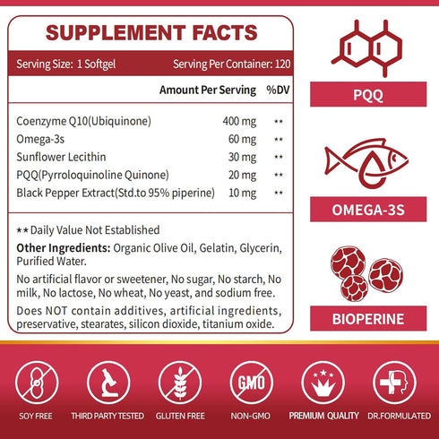 CoQ10-400mg-Softgels with PQQ, BioPerine & Omega-3, Coenzyme Q10(Ubiquinone) Supplement for High-Absorption, Powerful-Antioxidant, Support Heart &...