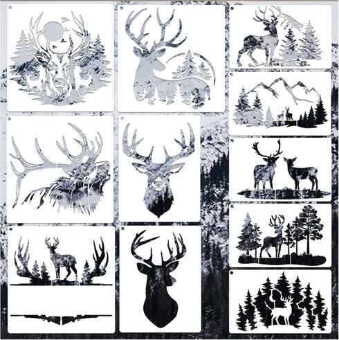 11 Pcs Deer Stencils Forest Mountain Tree Deer Head Stencils for Wood Burning Stencil Template Stencils for Painting on Wood Crafts Home Decors (D...