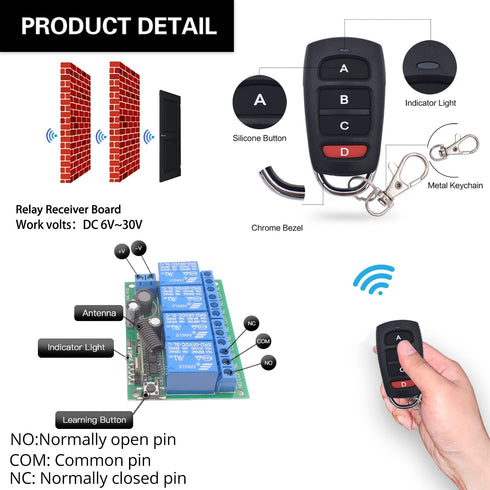 DieseRC DC 12V 24V 4CH Wireless Remote Control Switch DC 6-30V 10A 4-Channels 433Mhz Radio Frequency Relay Receiver with 2 RF Transmitters for Lig...