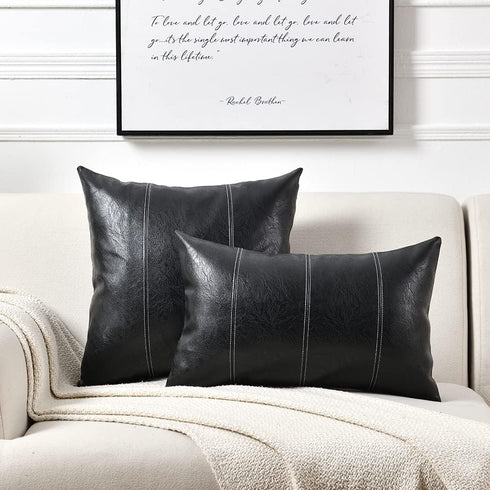 Fancy Homi 2 Packs Black Long Lumbar Faux Leather Decorative Throw Pillow Covers 16x24 Inch for Living Room Couch Bed Sofa, Boho Farmhouse Home De...