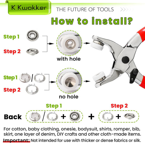 K Kwokker Pearl Snaps for Fabric w/Snap Pliers, Metal Snap Button Kit for Clothing, Shirts, Onesie, Romper, Denim Shirt, Bag DIY, Sewing Supplies,...