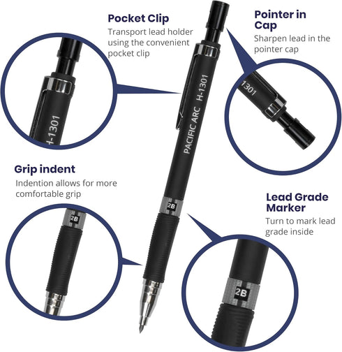 Pacific Arc 2mm Collegiate Lead Holder and Lead Sharpener, Black Drafting Pencil for Artist Drawing, Drafting, and Sketching...