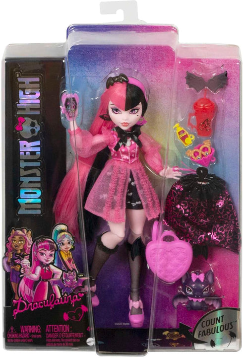 Monster High Doll, Draculaura with Pink & Black Hair in Signature Look with Fashion Accessories & Pet Bat Count Fabulous...