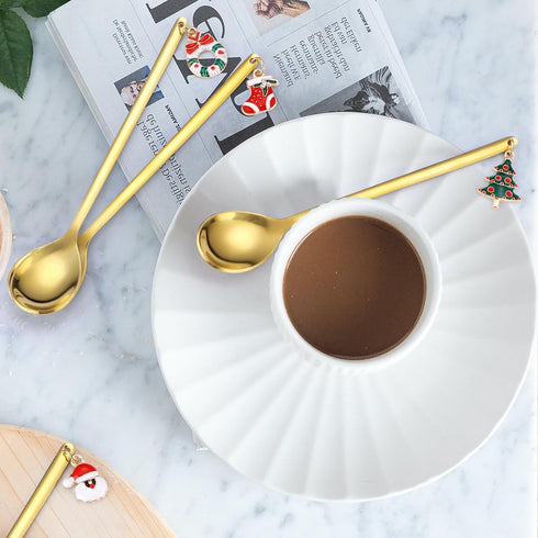 Coffee Spoons Gold Silverware Christmas 6 Pieces Small Stainless Steel Flatware Xmas Decorative Pendants Cute Drinking Stirrers for Festive and Da...