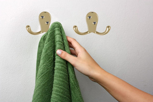 Design House Wall-Mounted Coat Hat Towel Robe in Bathroom or Closet, Double Hook Horizontal, Polished Brass 5 Pack...
