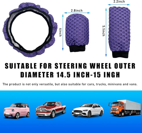 3 PCS Car Gear Shift Knob Cover & Handbrake Cover & Steering Wheel Cover, Anti-Slip Breathable Comfortable Handbrake Gear Shift and Steering Wheel...