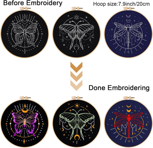 Louise Maelys 3 Set Tarot Embroidery Kits for Beginners with Moon Butterfly dragonfly and moth pattern,Adults Starter Cross Stitch Kit DIY Needlep...