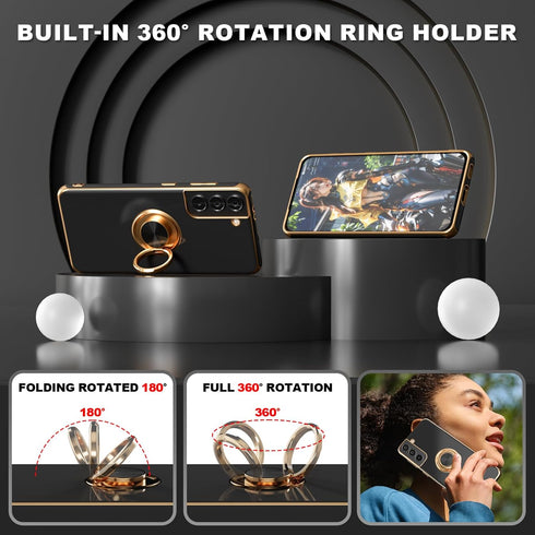 ?for Galaxy S21 Case,with Screen Protector, Built-in 360° Rotation Ring Holder Magnetic Kickstand, Plating Gold Edge Soft TPU Shockproof Protectiv...