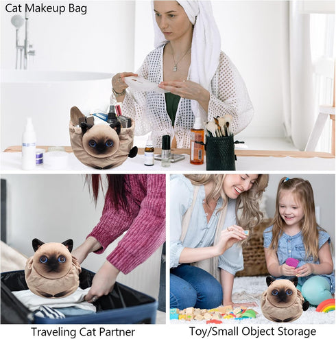 Drawstring Makeup Bag, Cat Makeup Bag, Travel Makeup Organizer, Cosmetic Pouch Bag, Cat Gift for Women, Lay Flat Makeup Bag Gifts for Cat Lovers...