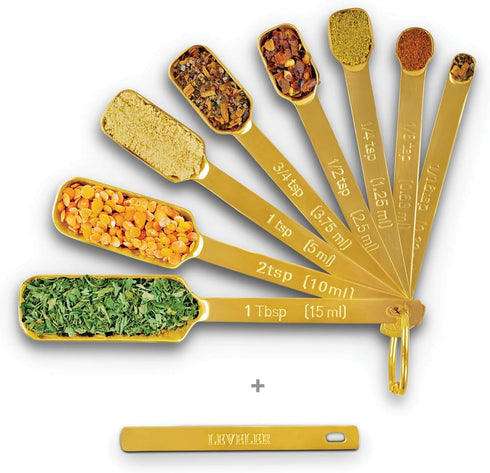 2LB Depot Gold Measuring Cup Set - 7pc Stainless Steel, Narrow Long Handle Design Fits Spice Jars - Leveler Included...