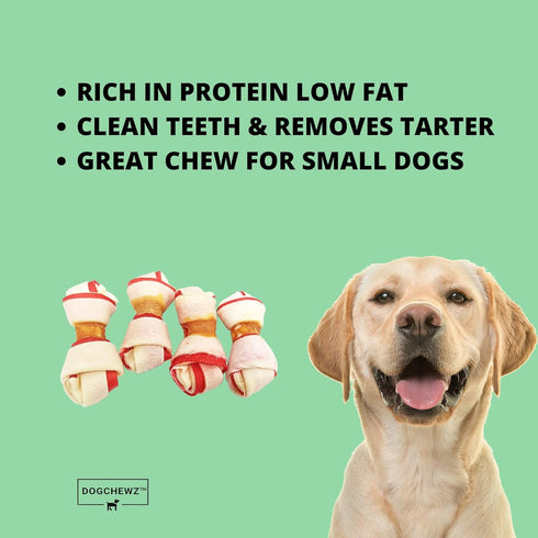 DOGCHEWZ™ Rawhide Dual Color Knotted Mini Bone Dog Chew Treats with Chicken Wrapped 3" (18 Ct/Bag) - Chicken Flavored...