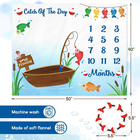 Gone Fishing Baby Monthly Milestone Blanket Little Fisherman Bobber Photo Prop Ideas for Newborn Boy & Girl Nursery Décor (40" X 50")...