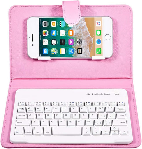 Portable Bluetooth Keyboard with Leather Case Cover with for 4.5''-6.8'' iOS, Android and Windows Smart Phones, Detachable with Kickstand...