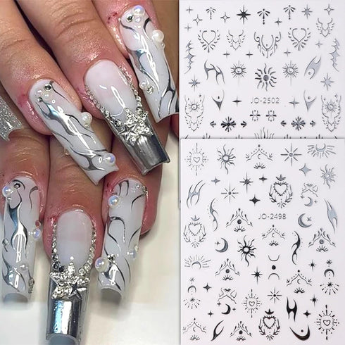 Laser Silver Nail Art Sticker Decal Sun Moon Butterfly Design Nail Decals 3D Self-Adhesive Nail Art Supplies Love Heart Flower Flame Nail Art Stic...