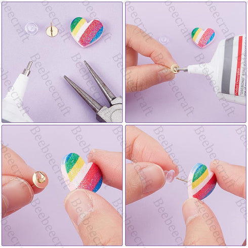 Beebeecraft 200Pcs Earring Posts 24K Gold Plated Stainless Steel Flat Pad Blank Earring Studs with 200Pcs Plastic Ear Nuts for DIY Stud Earrings J...